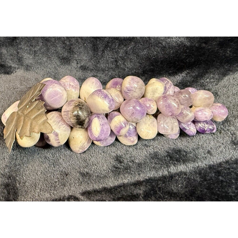 Amethyst Stone Grape Cluster Purple Quartz Crystal Decor w/ Metal Leaf VTG MCM